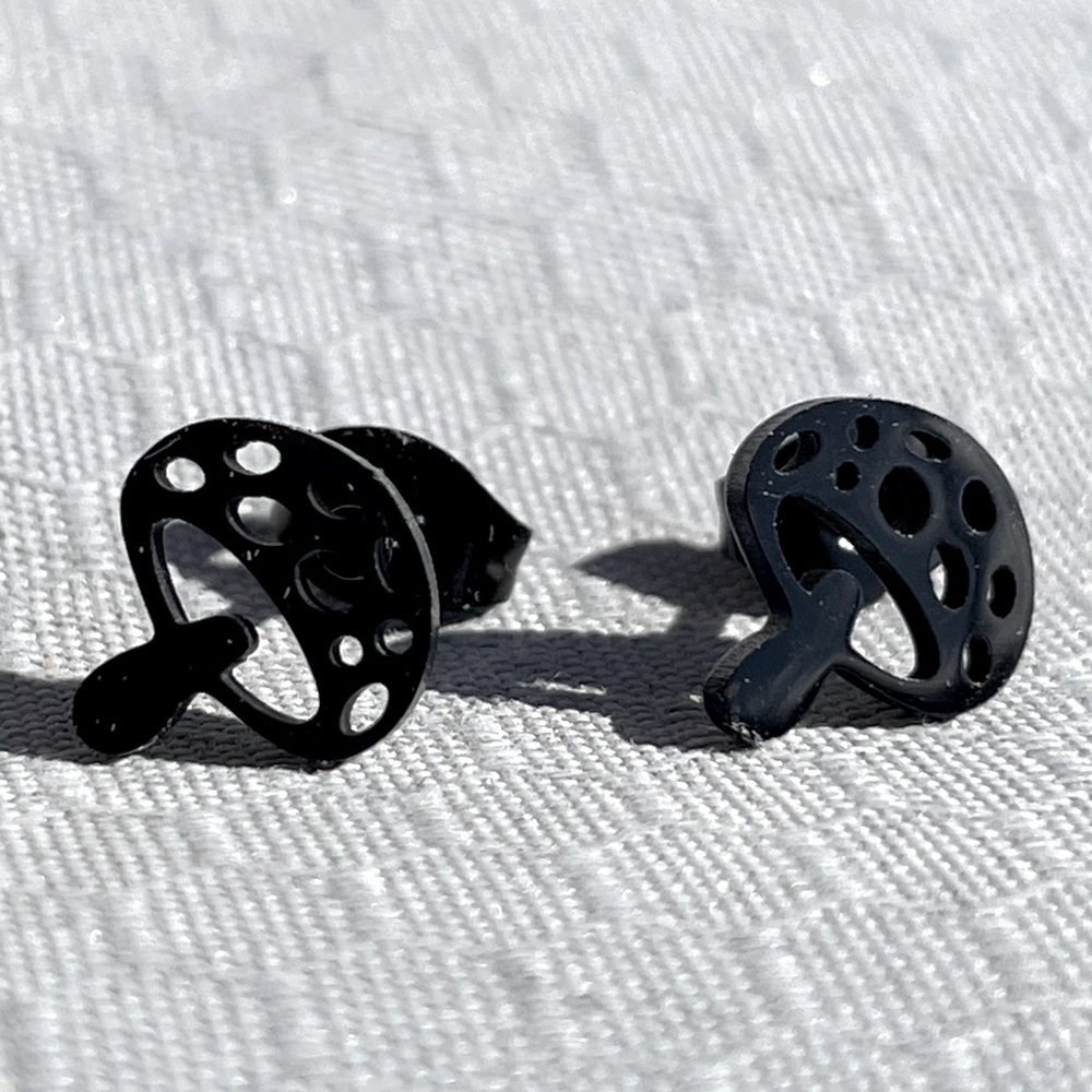 Black Mushroom Stud Metal Earrings Small Cute Girls Kids Adult Cottagecore Gift